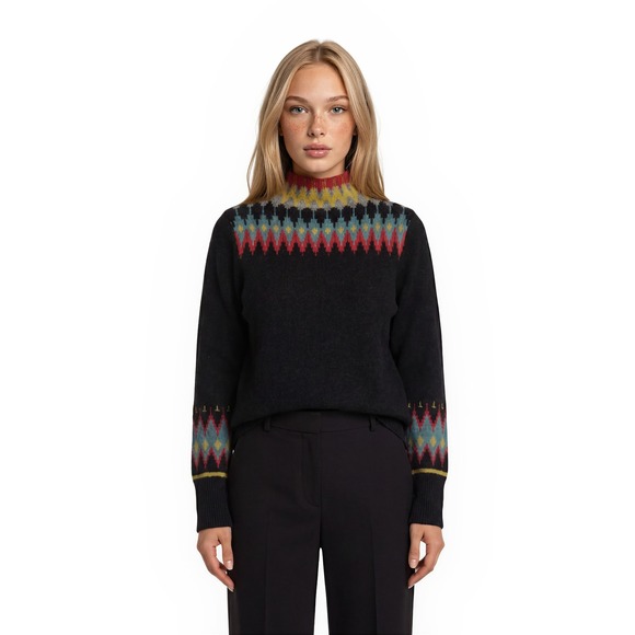 Cullen Sweaters - Cullen 100% Cashmere Fair Isle Sweater Women's Size Medium Black Multi Mock Neck